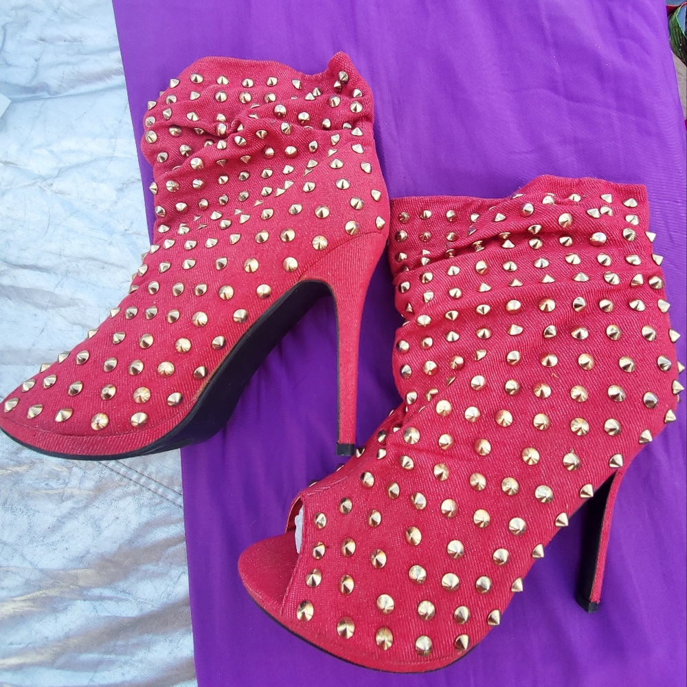 Brand New Red Denim Peep-Toe Studded Ankle Boots - Size 11